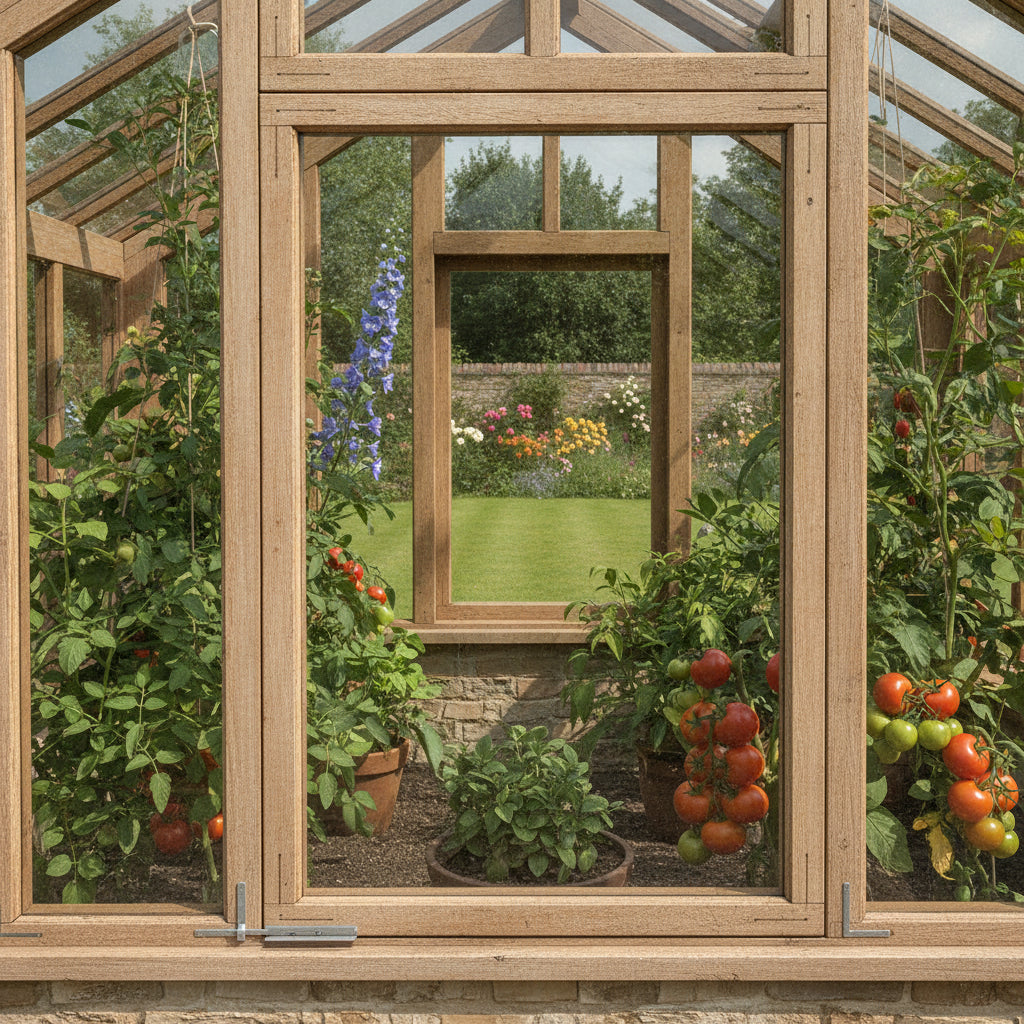Clear polycarbonate sheet used as greenhouse window panel in UK garden