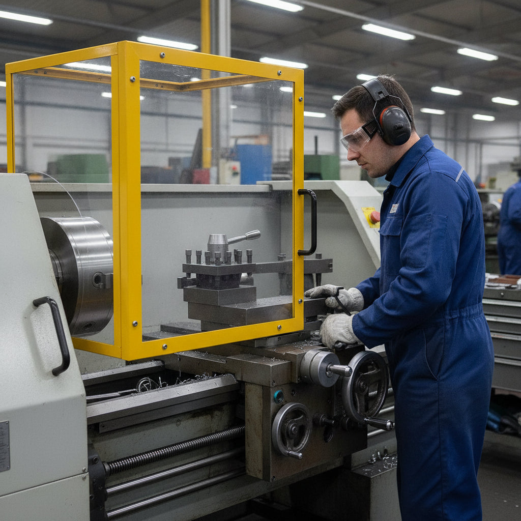 Polycarbonate machine guard installed on industrial lathe - impact resistant safety glazing