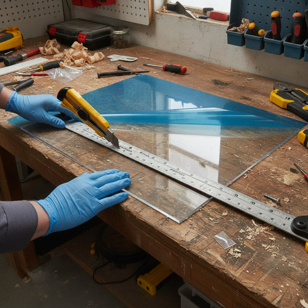 Cutting polycarbonate sheet to size with Stanley knife and metal ruler on workbench