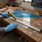 Gloved hands scoring a blue-film-covered clear sheet with a snap knife and steel rule on a bench