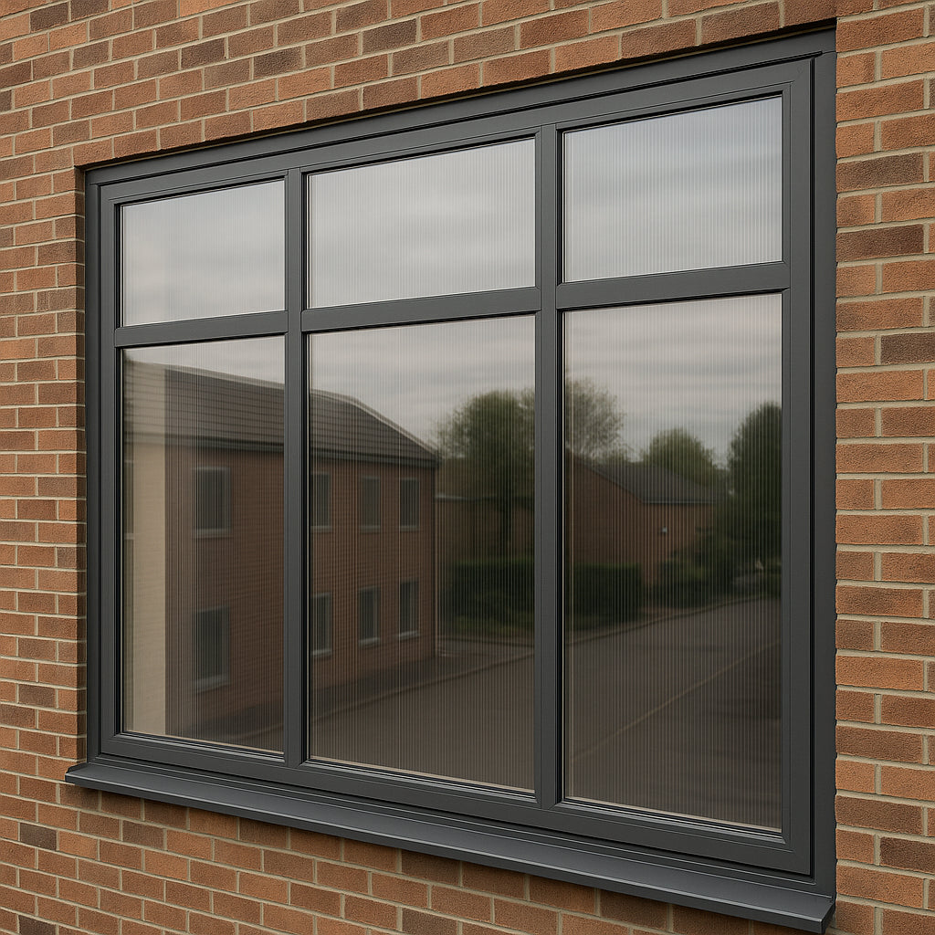 Polycarbonate sheet installed as anti-vandal glazing on commercial building UK