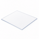 Clear polycarbonate sheet lying flat on a white background, thin square-cut edges catching the light