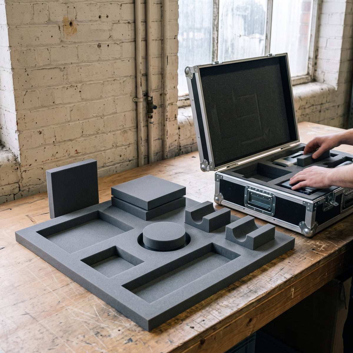 Grey polyethylene foam sheet on a packing bench with die-cut cushion inserts, hands fitting foam into an open flight case behind
