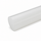 Milky white polypropylene rod running off the frame on white, round cut end at the lower left