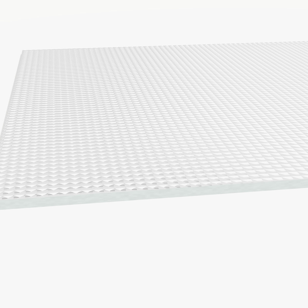 Close-up of a 3mm clear prismatic acrylic sheet showing the pyramid textured face and sawn edge