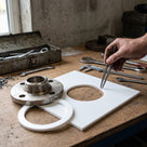 White PTFE sheet on a workshop bench with a ring gasket cut from it, a steel pipe flange and dividers marking out the next one