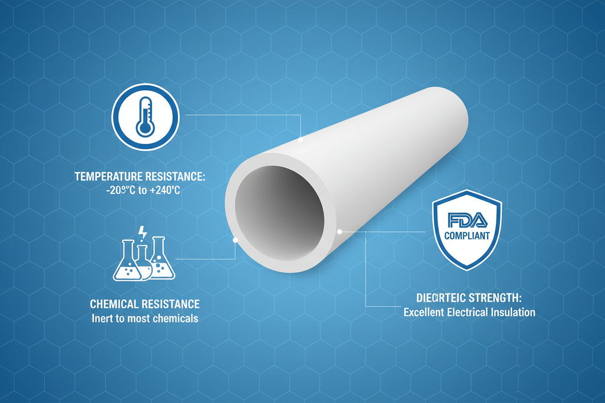 White PTFE tube on a blue hexagon background with printed claims: -205C to +240C, inert to most chemicals, FDA compliant.