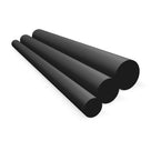 Three black uPVC rods in stepped diameters on white, round cut ends to the right