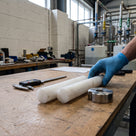 Two white PVDF bars on a timber bench, blue-gloved hand steadying one beside a steel spacer