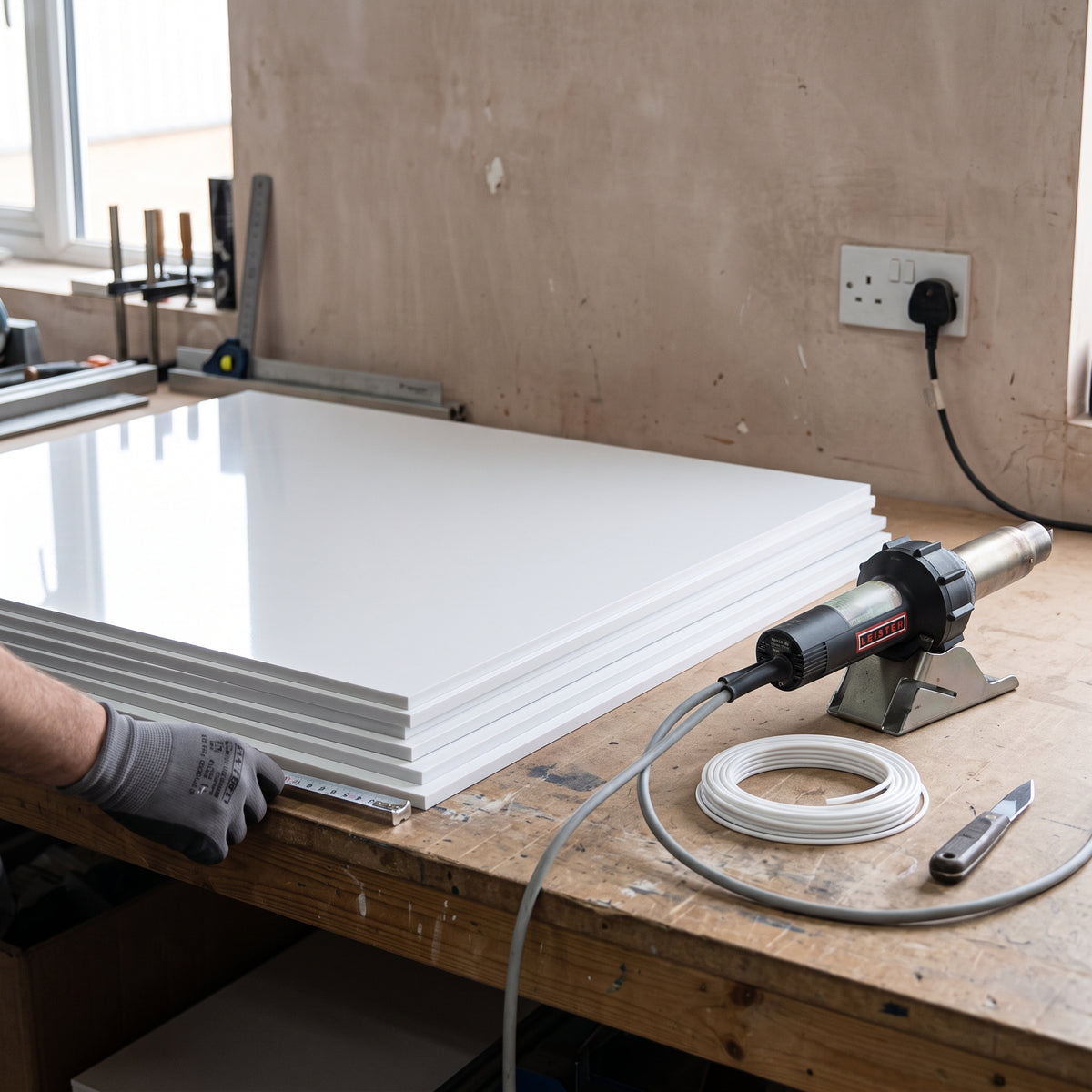 Glossy white PVDF sheets stacked on a fabrication bench with a hot-air welder, welding rod coil and knife beside them