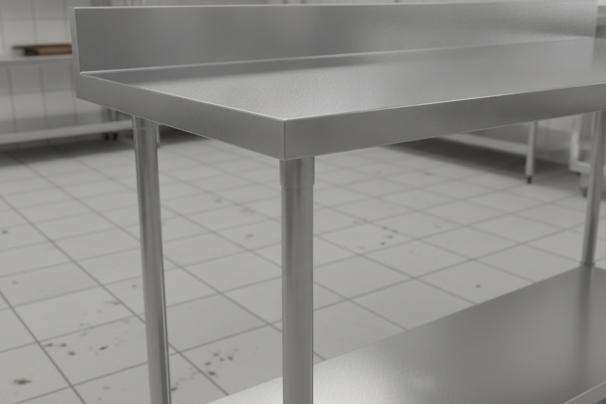 Close-up of the brushed stainless steel worktop, rear upstand, tubular leg and individually adjustable foot on a commercial catering prep table