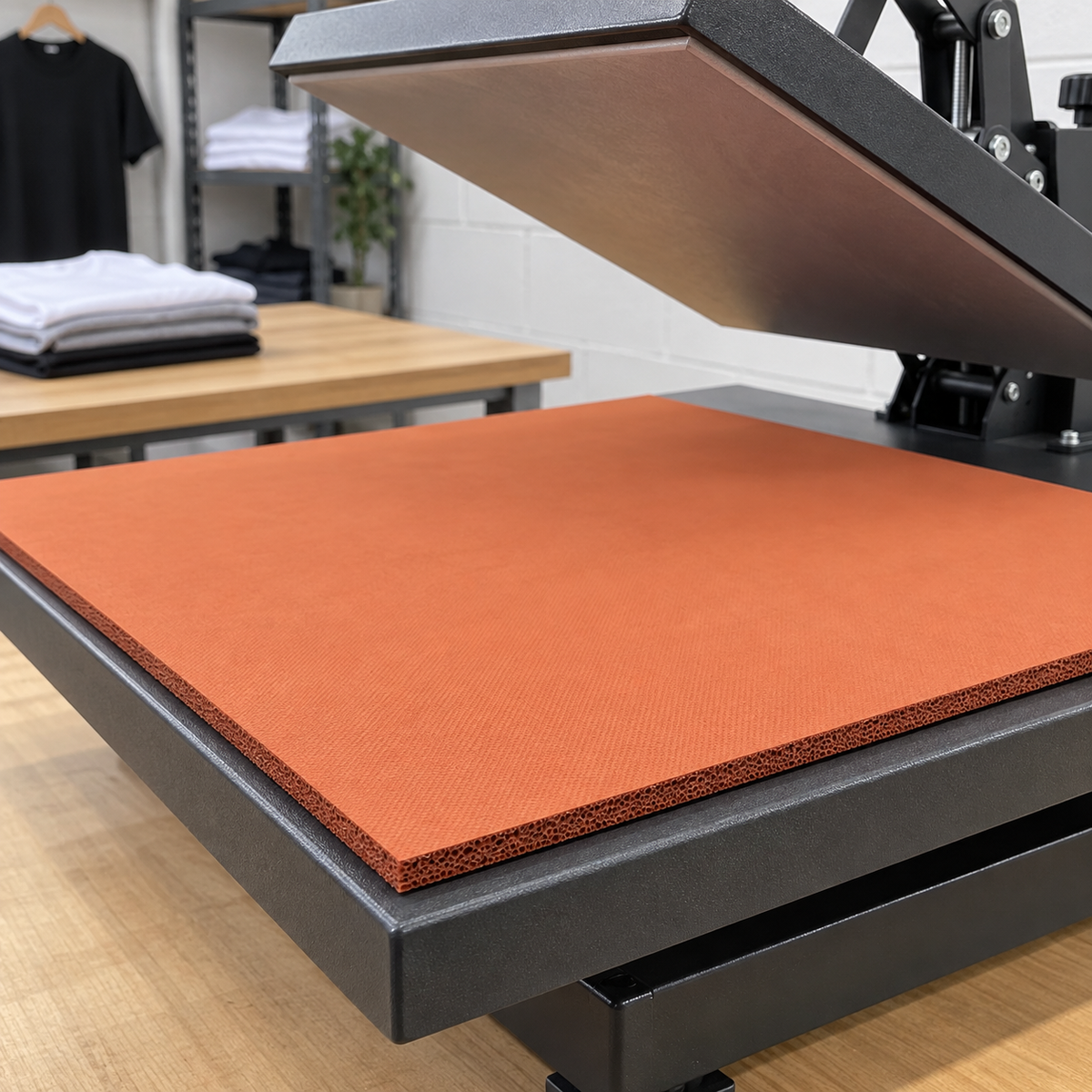 Illustrative textile heat press application with red-oxide silicone sponge sheet, 915mm × 1m × 4.8mm
