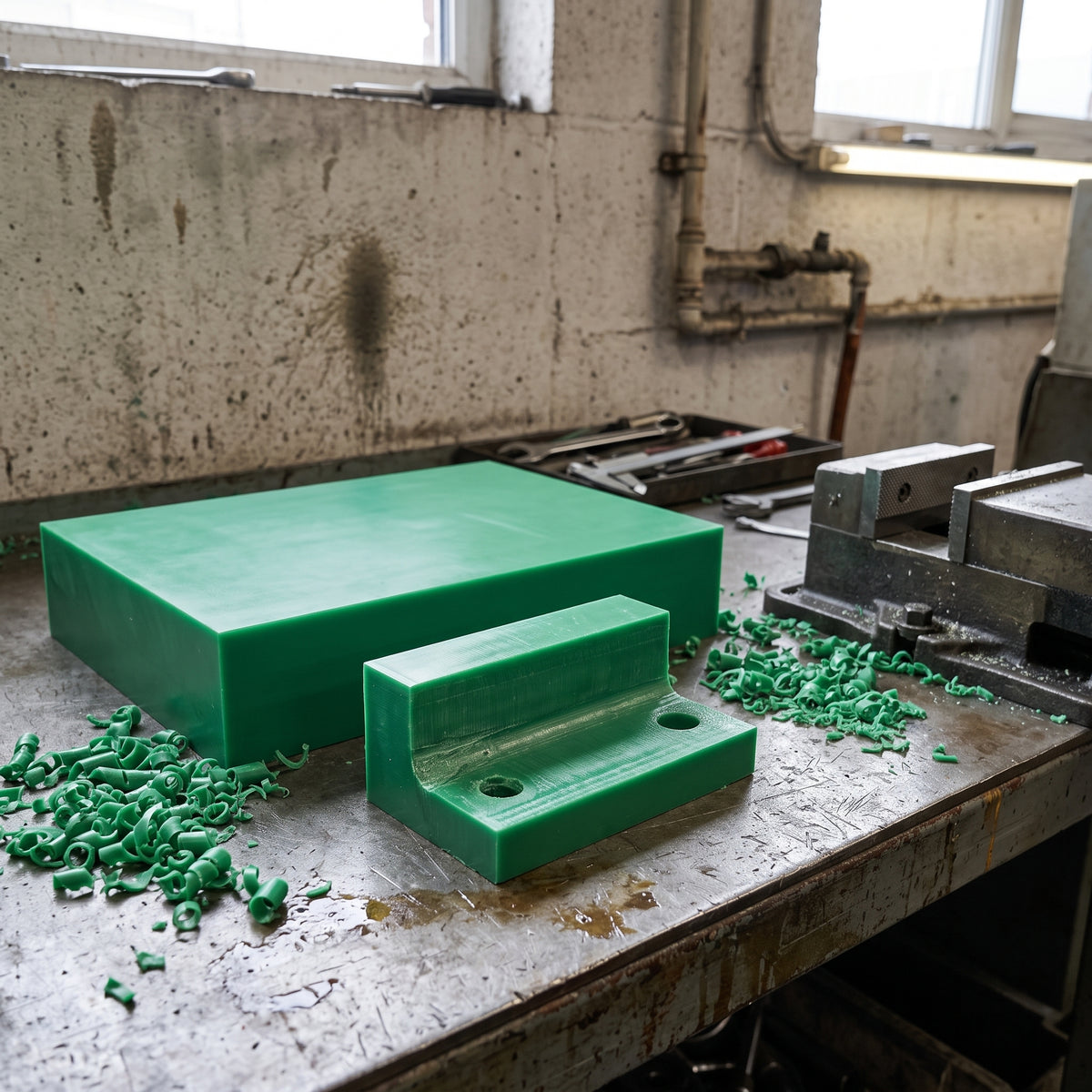 Thick green RG1000 UHMWPE block on a machine shop bench with a milled green wear block cut from it, green swarf around