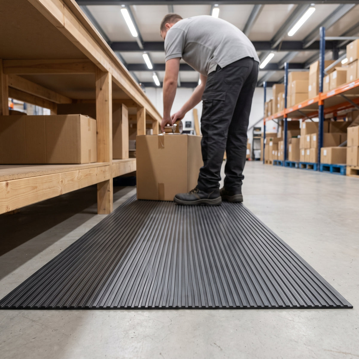 Dark grey 3mm ribbed PVC matting laid flat along a warehouse packing bench, worker standing on it taping a box