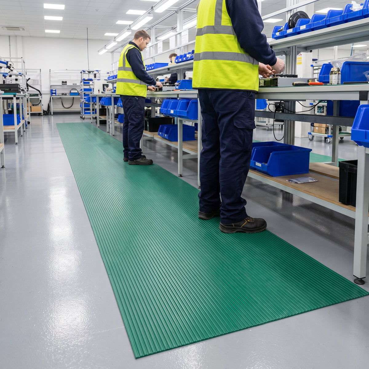 Green 3mm ribbed PVC matting run along an electronics assembly line, operatives in hi-viz standing on it