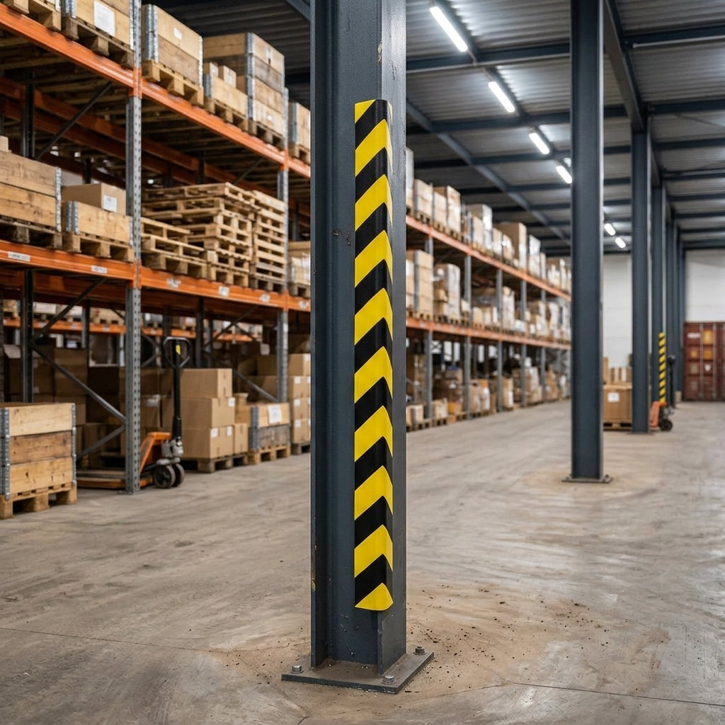 Black and yellow striped foam right angle guard fitted to a steel column corner in a warehouse aisle with pallet racking behind