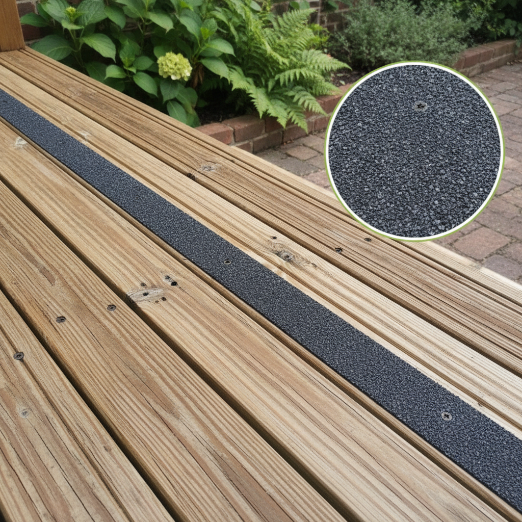 Grey anti-slip decking strip installed on outdoor timber decking boards