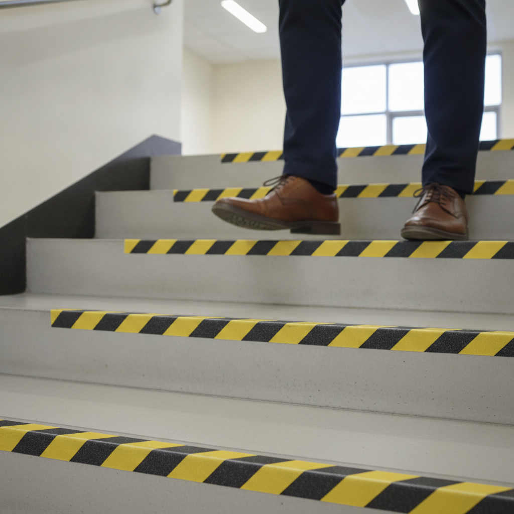 Black and yellow anti-slip safety tape applied to the edges of steps on an indoor staircase, shown in real-life use as a person walks down the stairs
