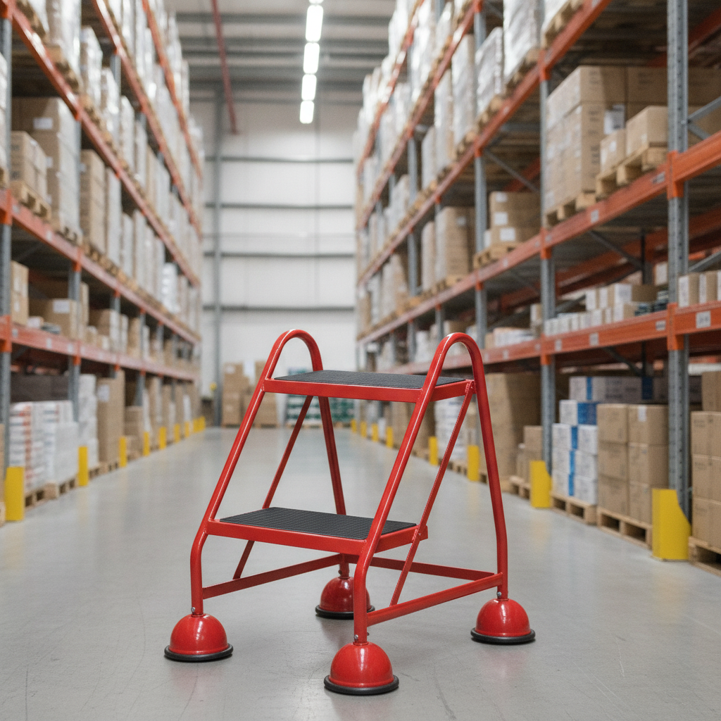 Red mobile safety steps with twin handrail in a warehouse aisle