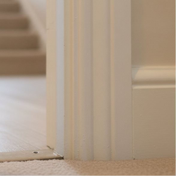 Magnolia oil-based satinwood paint freshly applied to a warm cream skirting board and door frame in a UK home hallway