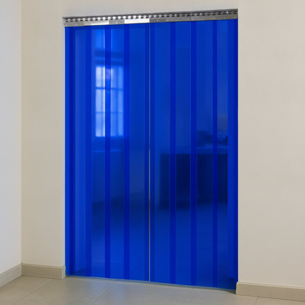 Transparent blue PVC strip curtain complete hook-on kit with 430-grade stainless steel rail