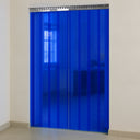 Blue transparent PVC strip curtain hung on a steel rail filling a doorway in a plain cream wall