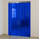 Blue transparent PVC strip curtain hung on a steel rail filling a doorway in a plain cream wall