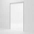 Clear PVC strip curtain on a pale rail filling a plain doorway against a white studio wall