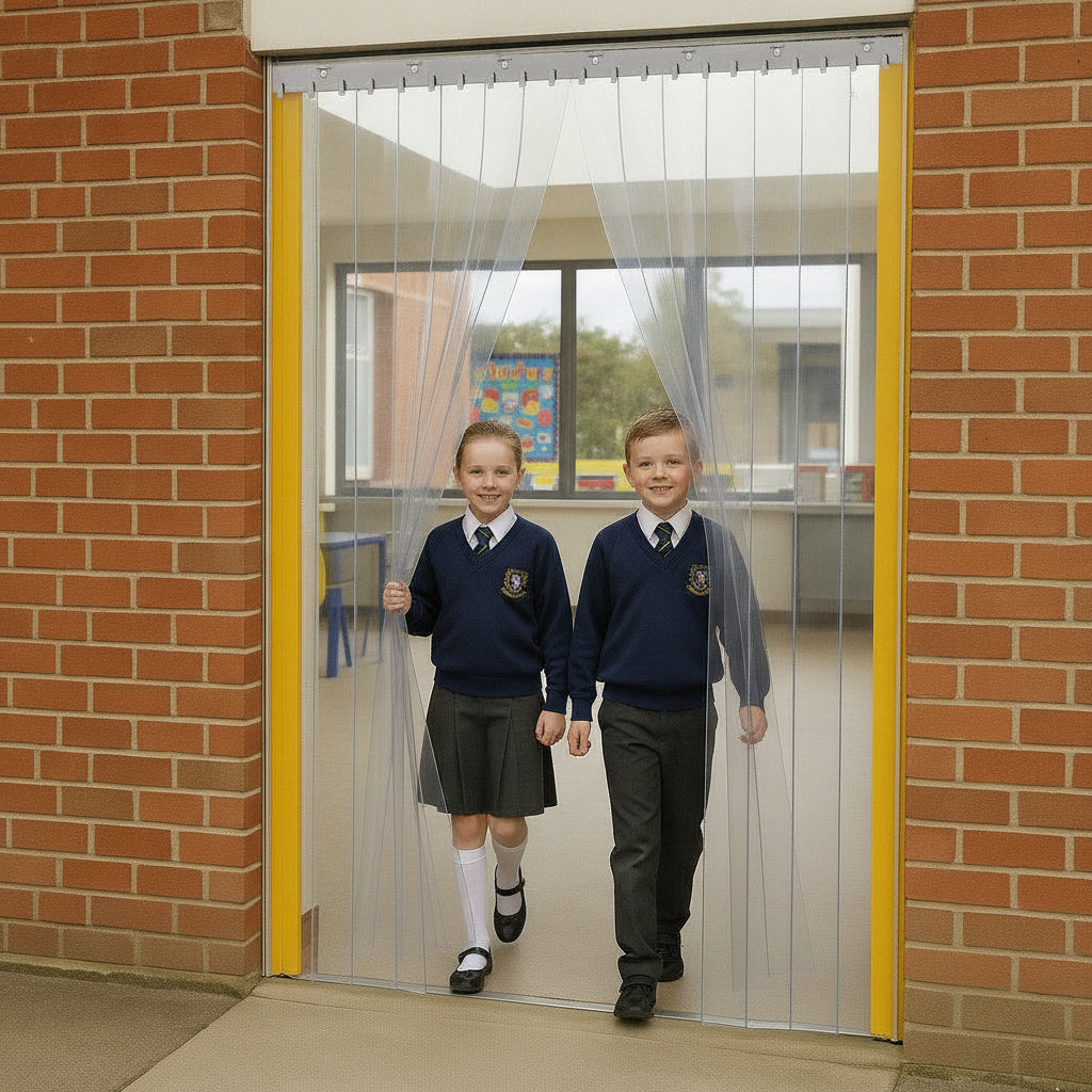 Children in school uniform walking through clear PVC strip curtains on child-safe QuickMount rail in school corridor