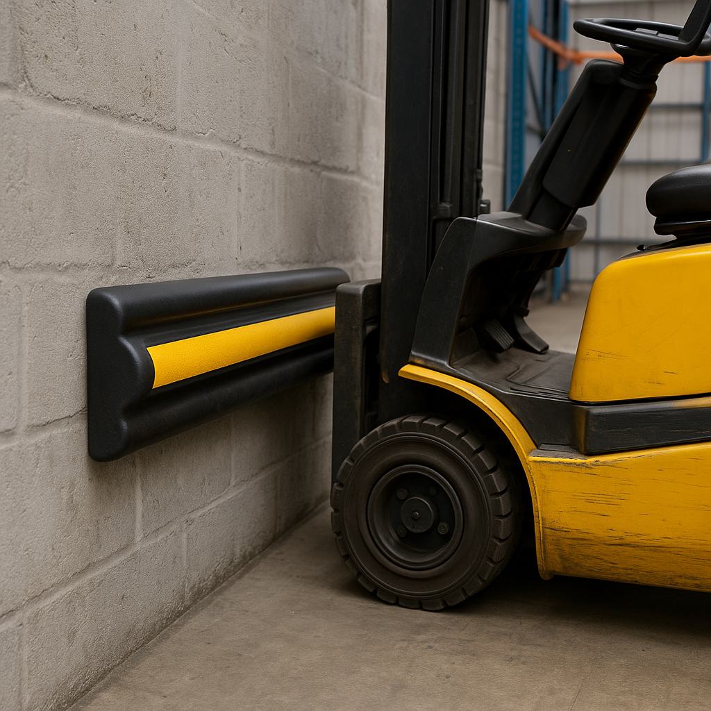 Rubber Double D Wall Guard protecting warehouse wall from forklift impact - commercial grade rubber with yellow visibility strip