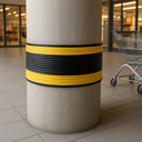Black and yellow PVC column protector strip wrapped around concrete pillar in UK retail car park - flexible ribbed profile