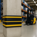 Black and yellow column protector strip on warehouse structural pillar - protecting column from forklift impact