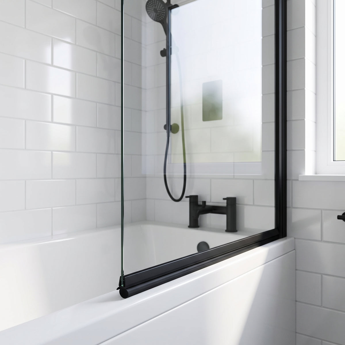 Black seal along the bottom edge of a bath screen, white metro tiles and a black bath filler behind