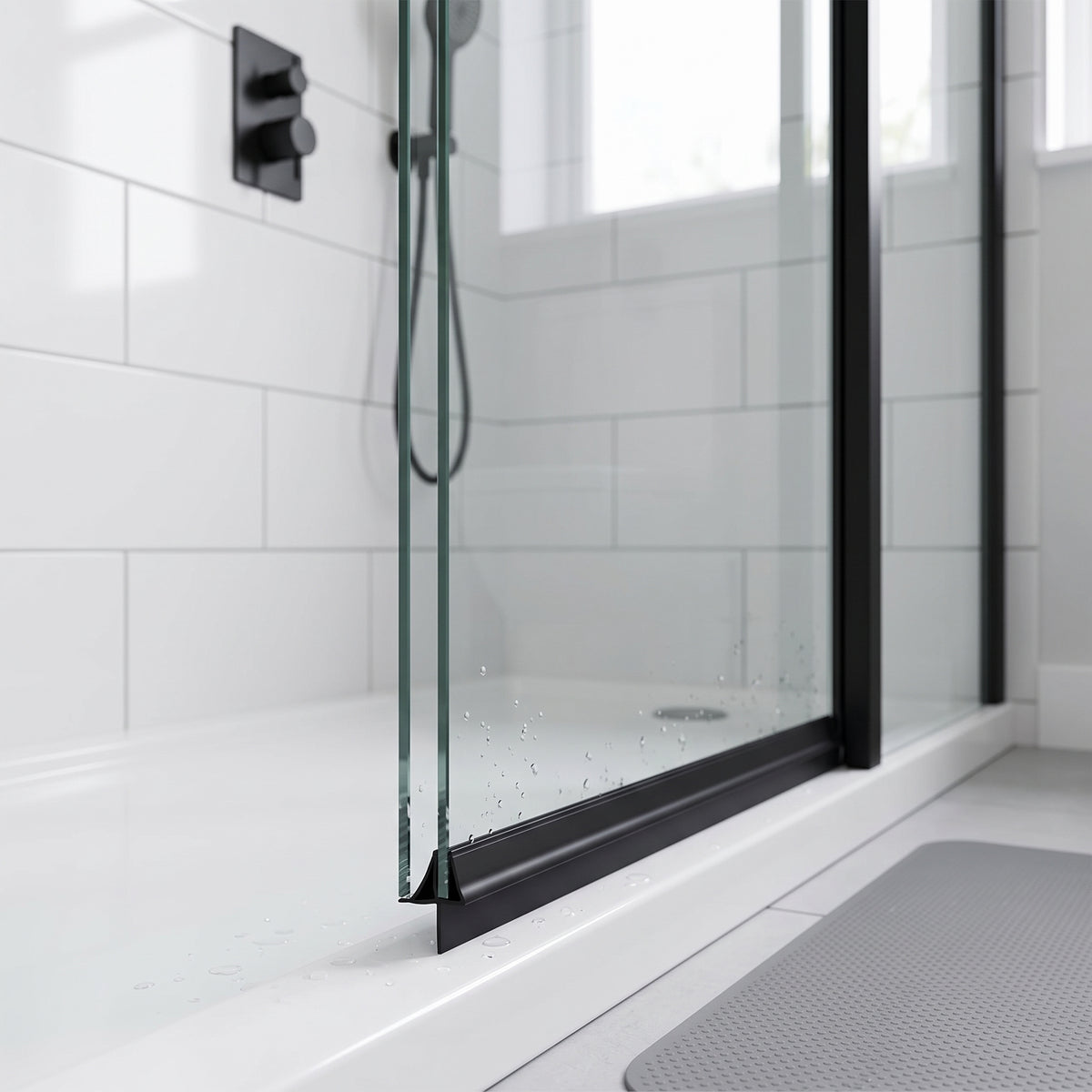Black seal along the base of a glass shower door on a white tray, white tiles and grey mat