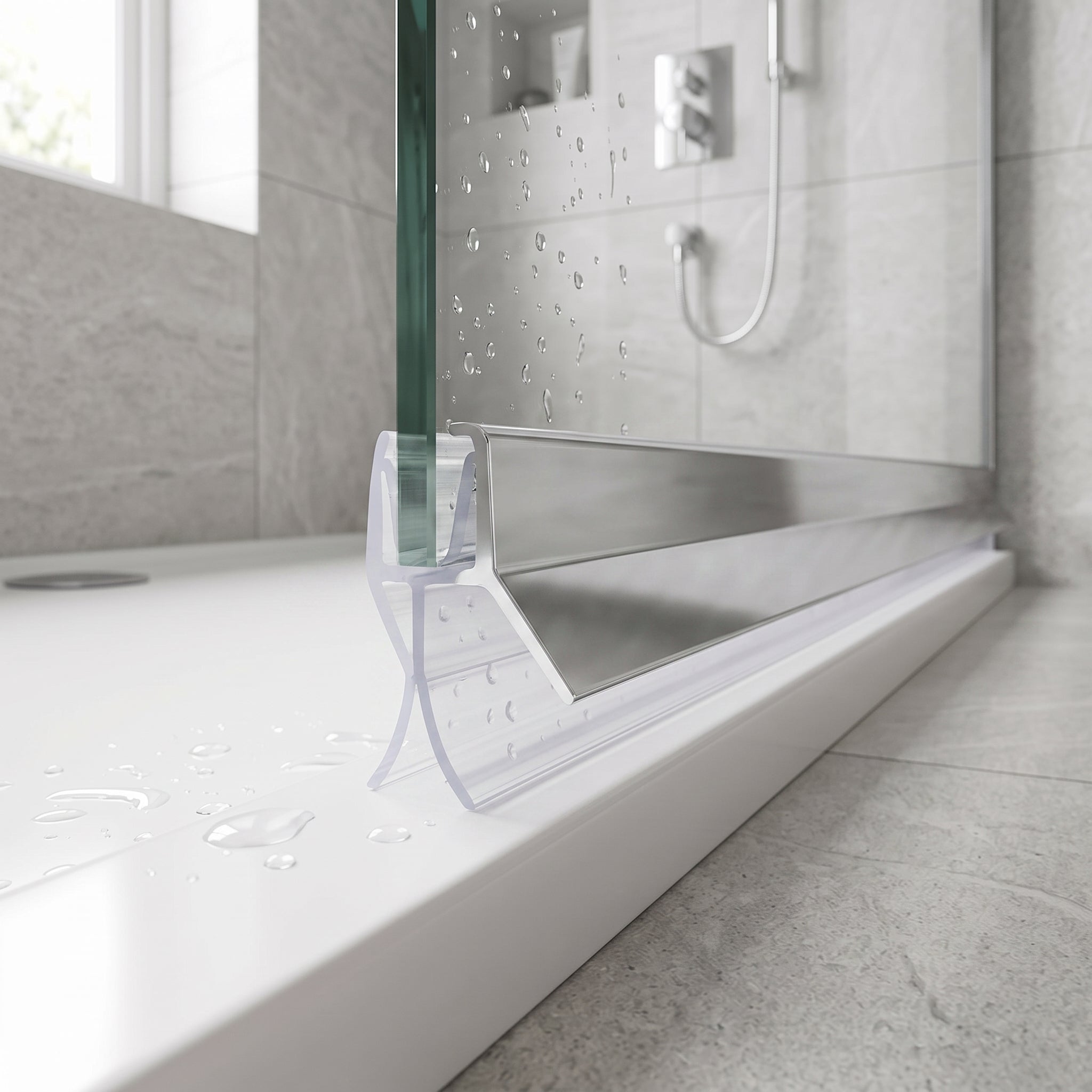 Chrome shower screen seal fitted to the bottom edge of 4-6mm glass on a shower tray, polished chrome strip along the deflector blade
