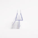 Clear seal offcut end-on on white, glass channel with a thin side fin and a bead-tipped drop blade