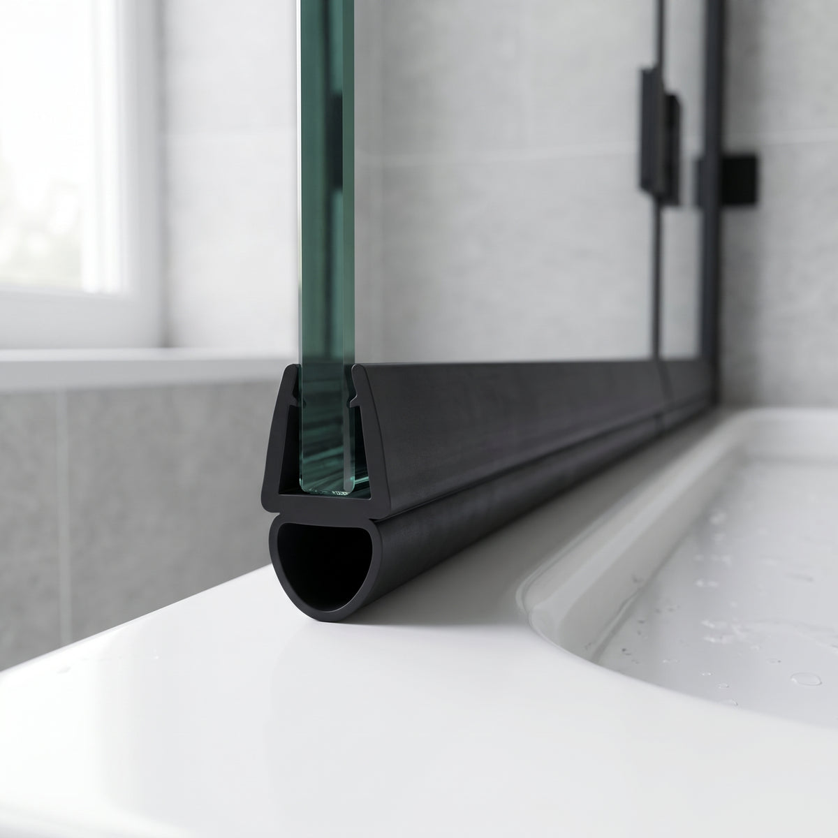 Black seal with a large hollow oval bulb on a glass screen edge, resting on a white tray