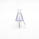 Clear shower seal viewed end-on down its length on white - tapered channel with central fin and angled deflector