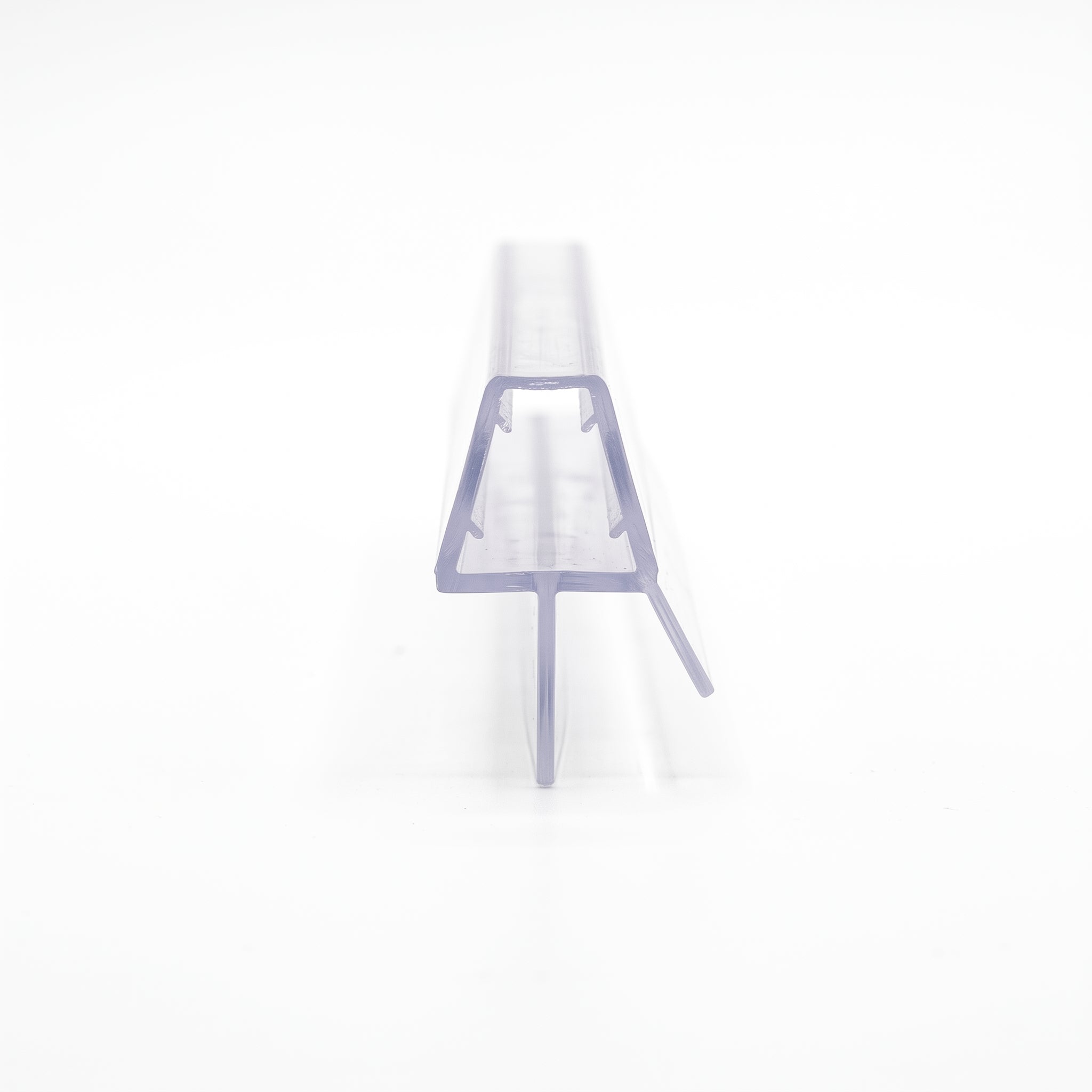 Shower screen seal profile for 8-10mm glass - 12mm channel with 12mm fin and angled deflector, seals 7-12mm gaps
