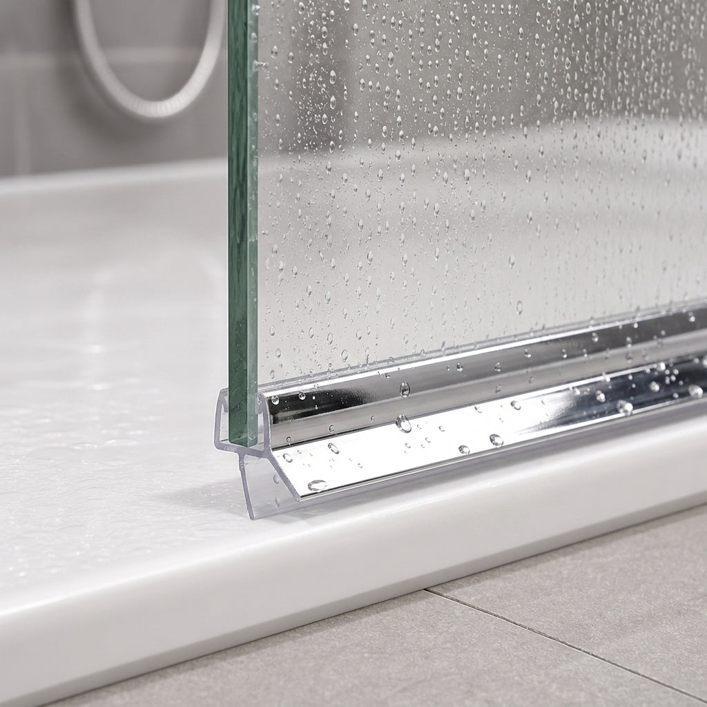 Close-up of the chrome shower screen seal sealing a 7-12mm gap between glass and shower tray, water droplets on the chrome strip