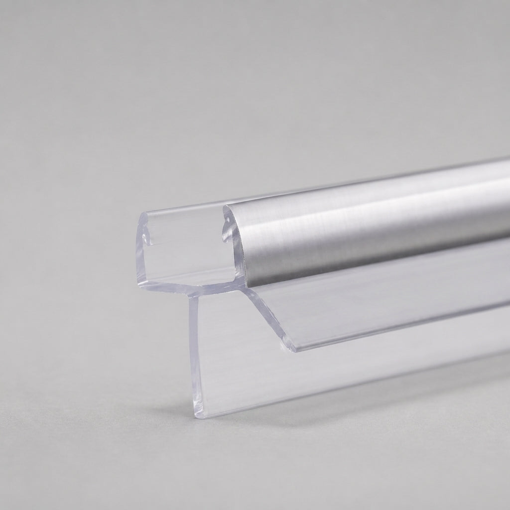 Studio shot of the chrome shower screen seal profile - clear PVC U-channel with polished chrome strip on the angled deflector