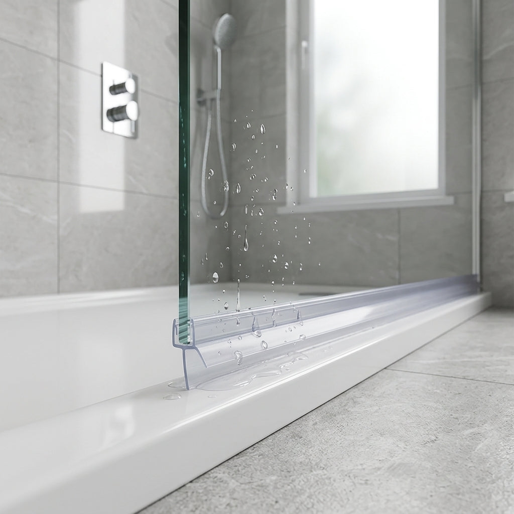 Shower screen seal installed on glass panel - Shower Screen Seal - Fits 4-6mm Glass - Fits 7mm to 12mm Gaps - 850mm
