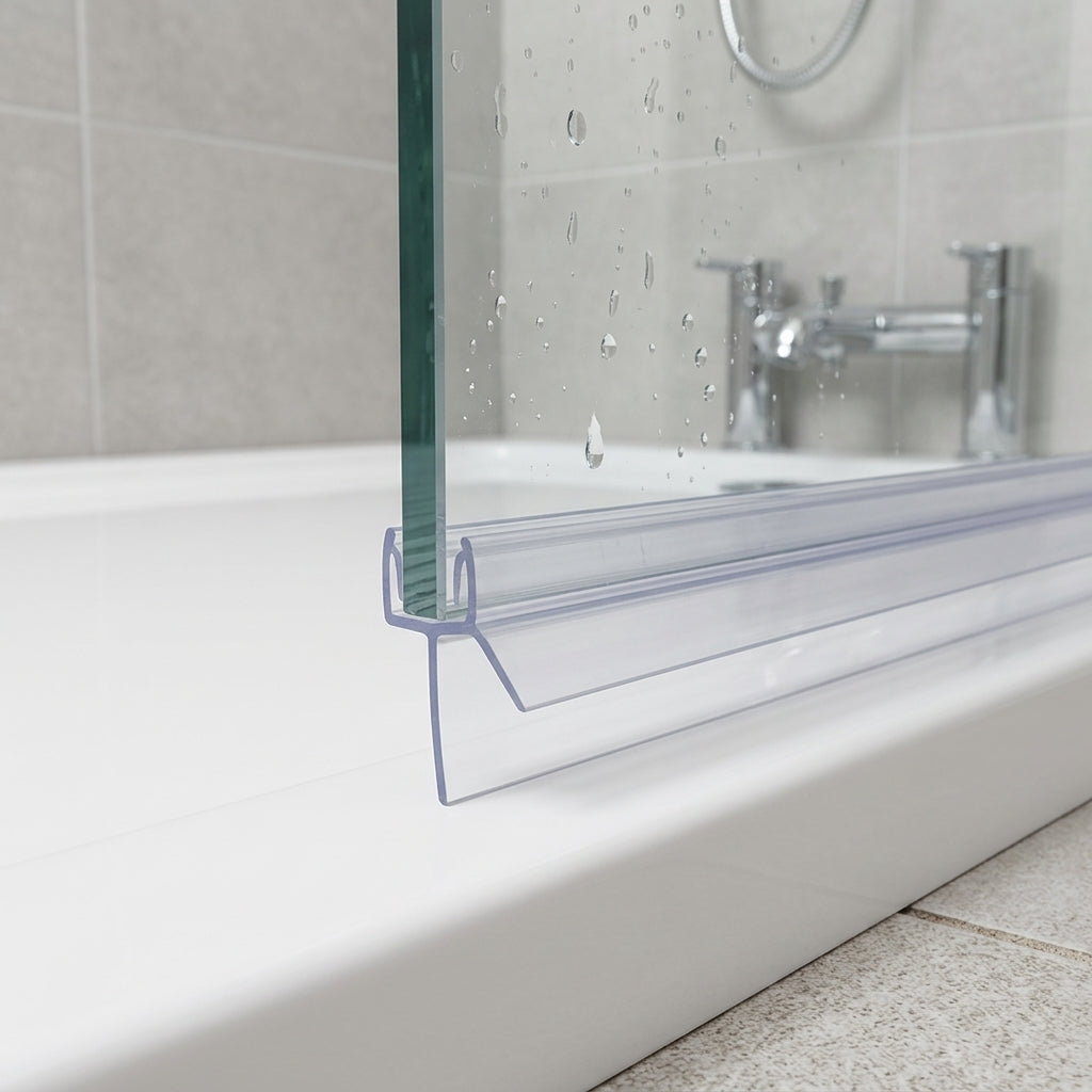 Shower screen seal installed on glass panel - Pre-Curved Shower Screen Seal - Fits 4-6mm Glass - Fits 11mm to 16mm gaps