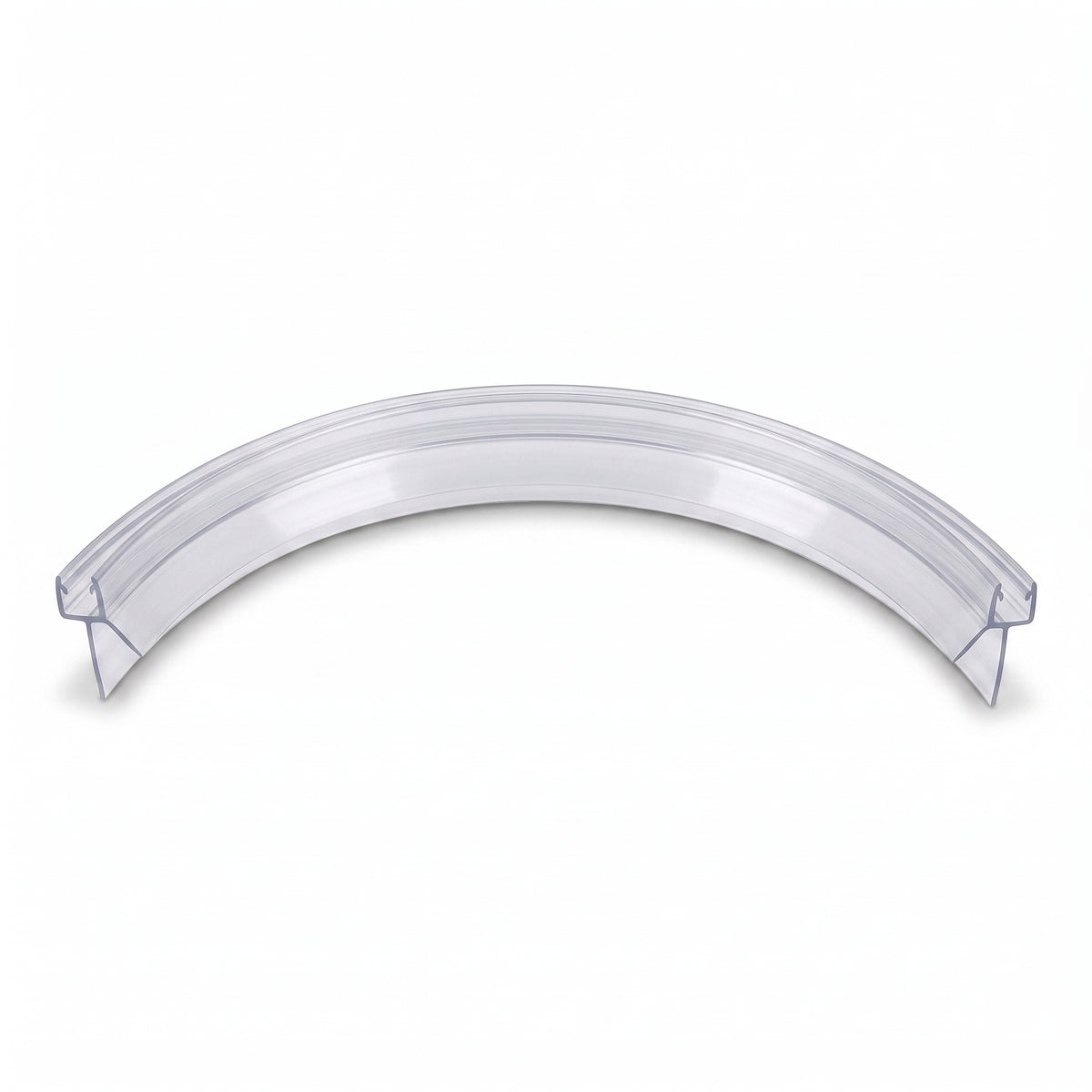 Factory-curved clear seal on white, formed into a smooth arc with the fin along the inner edge