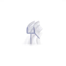 Clear seal offcut end-on on white, glass channel between a curved side fin and a straight drop fin