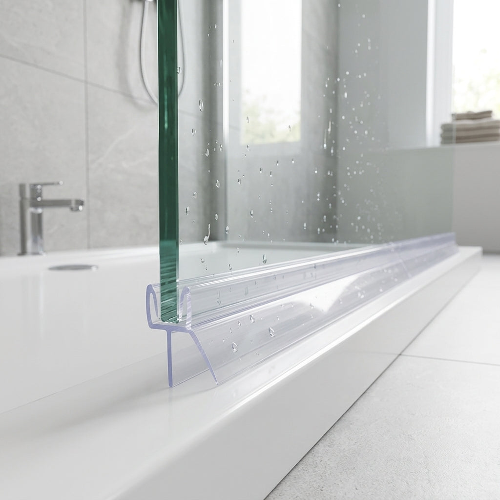 Shower screen seal installed on glass panel - Pre-Curved Shower Screen Seal - Fits 4-6mm Glass - Fits 15mm to 20mm gaps