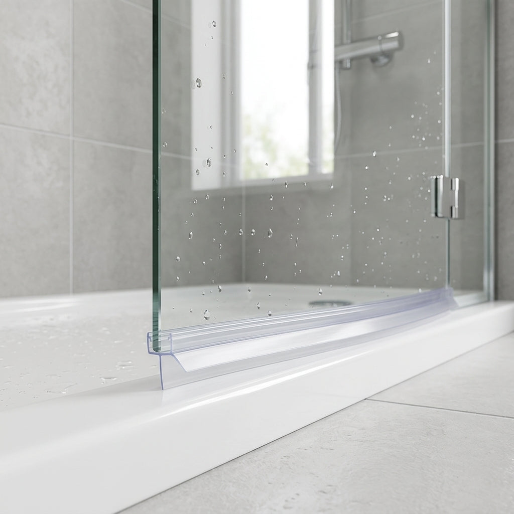 Shower screen seal installed on glass panel - Pre-Curved Shower Screen Seal - Fits 4-6mm Glass - Fits 18mm to 23mm gaps