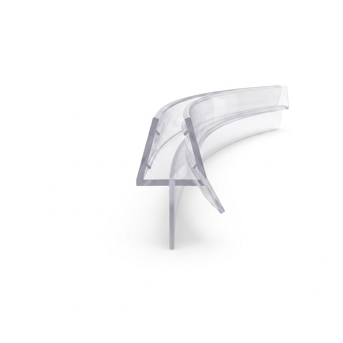 Short clear offcut on white bent into a quarter arc, glass channel with a curved fin and a straight drop blade