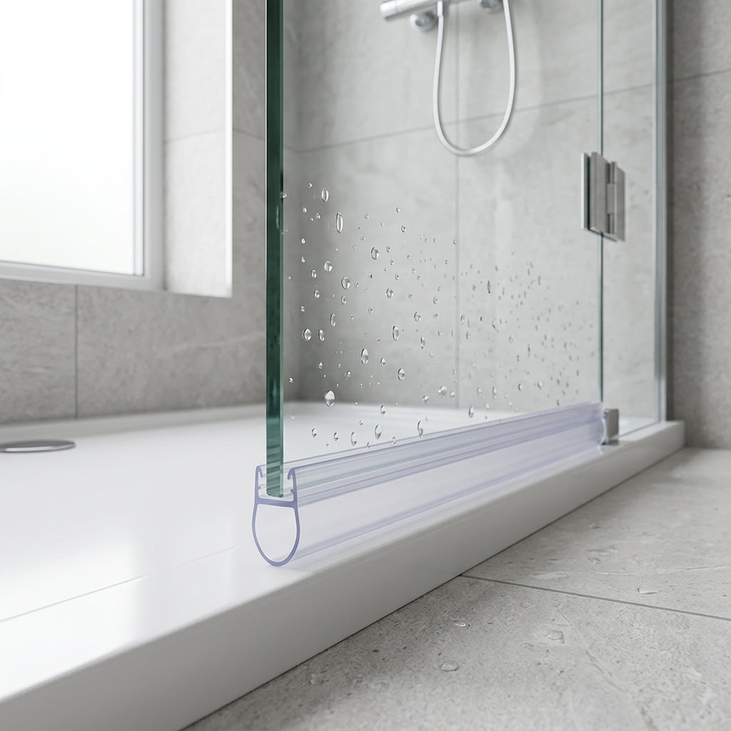 Shower screen seal installed on glass panel - Shower Screen Seal - Fits 8-10mm Glass - Lengths of 800mm, 900mm, 1400mm, 2000mm and 2500mm - Profile 2