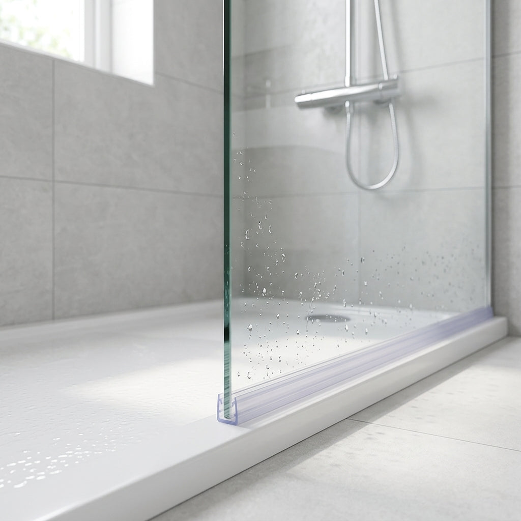 Shower screen seal installed on glass panel - Shower Screen Seal - Fits 8-10mm Glass - Lengths of 800mm, 900mm, 1400mm, 2000mm and 2500mm